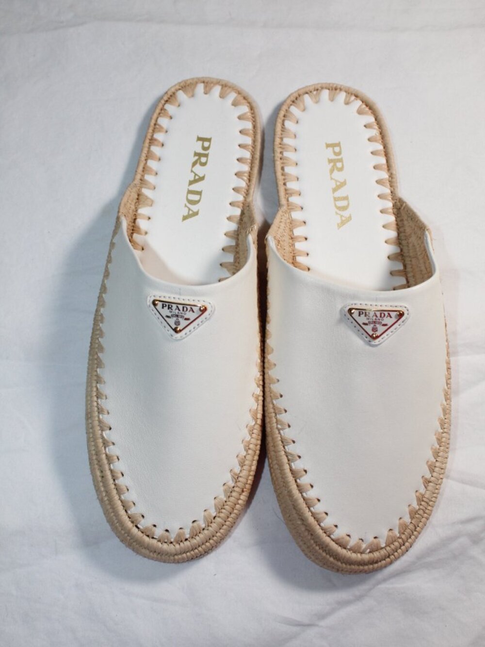 NEW PRADA Sabot Raffia Mules Triangle Logo Slides Slip Ons White Leather Flat 40